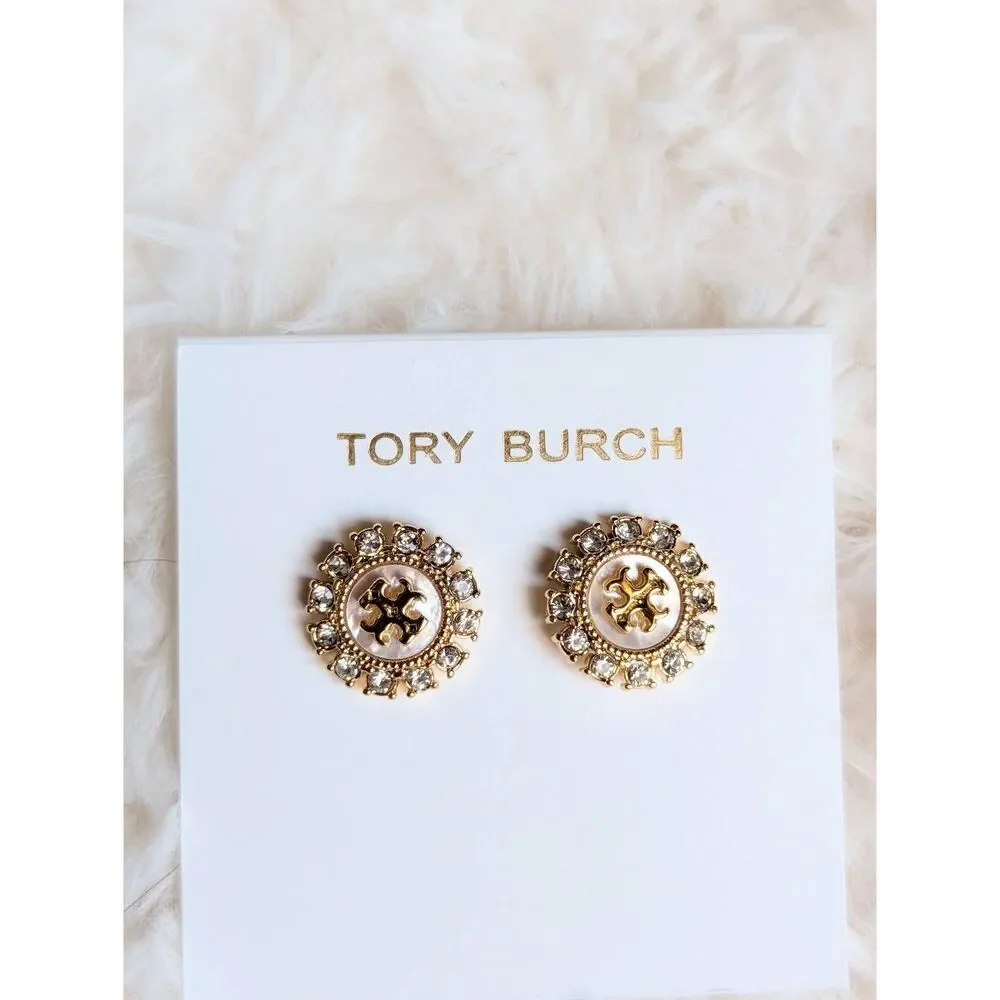 TORY BURCH Moondance Crystal Mother of Pearl Stud Earrings